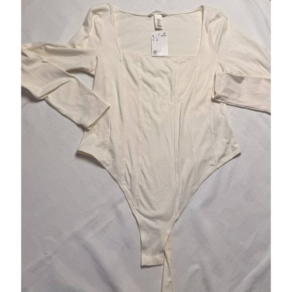 H&M Cream Long Sleeve Square-Neck Bodysuit Size Medium NWT New